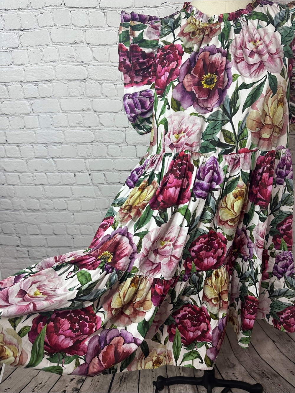 Aura Tiered Floral Print Ruffle Sleeve Dress 100% Cotton Size XL - Picture 2 of 11